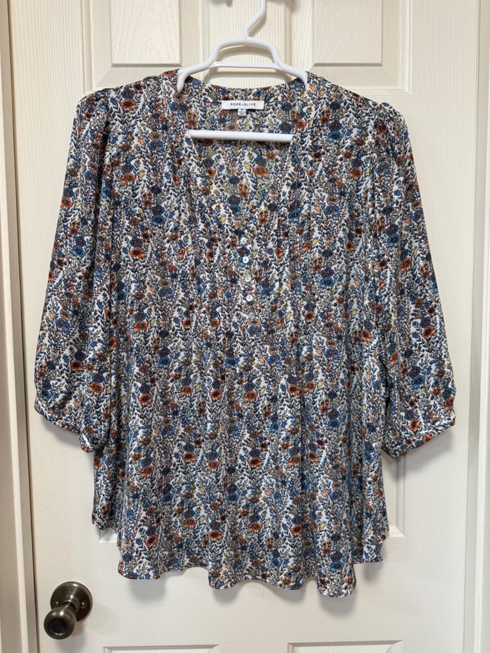 Rose & Olive Blue and Rust Floral Button V-Neck Blouse